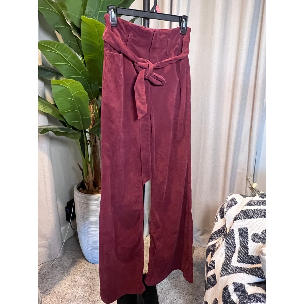 Flying Tomato Burgundy Corduroy Wide Leg High Waist Tie Belt Pants Medium